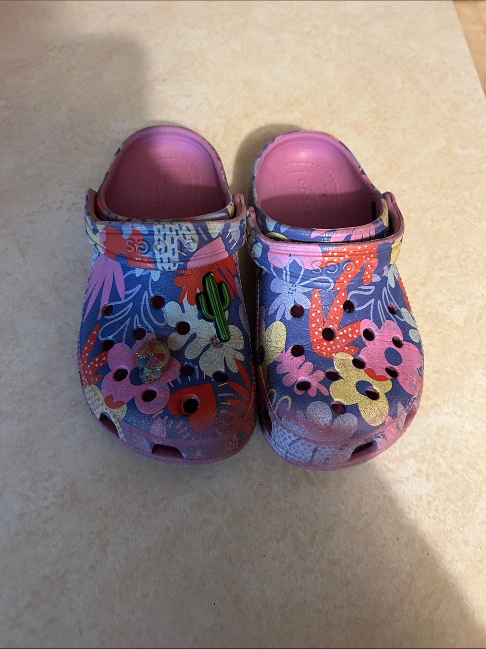 CROCS Kids Floral Print Clogs in Pink, Purple & Yellow
